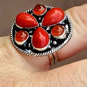 New Coral & Carnelian 925 Silver Ring.